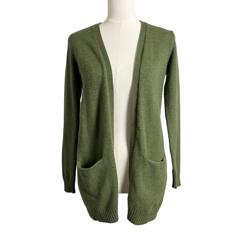 VILA Cardigan Sweater Womens XS Green Open Front Knit Pockets Fall Layer Cozy